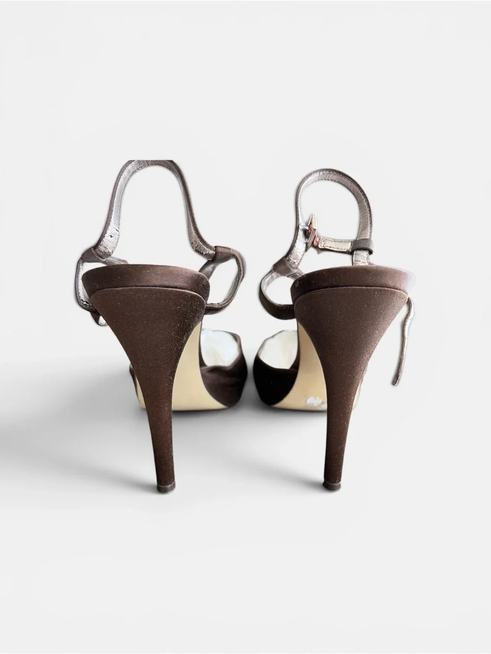 Calvin Klein Brown T-Strap Rhinestone Peep-Toe Heels